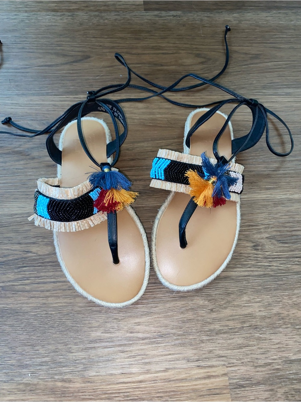 Bibi Lou Bohemian Beaded Tassel Lace-Up Sandals - Black Multi